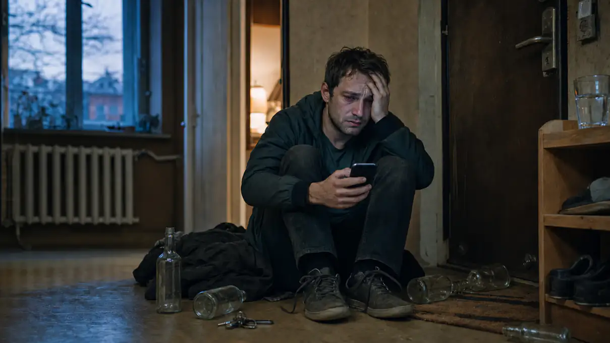 person after a relapse sitting in a hallway at dawn holding a phone and reaching out for support