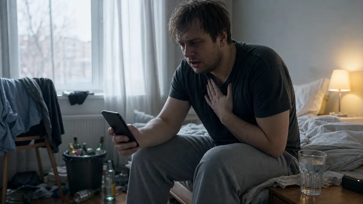 person after alcohol sitting near a window in the morning with anxiety and a phone nearby