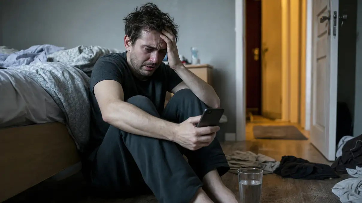person after a drinking binge sitting on the floor beside a bed with a phone and water nearby