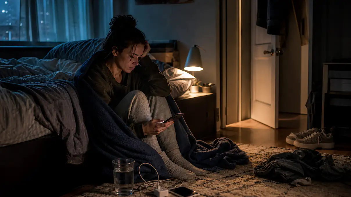 person sitting beside a bed at night with a phone and glass of water nearby