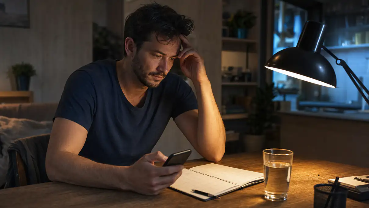 person in the evening looking at a calendar while holding a phone to message support
