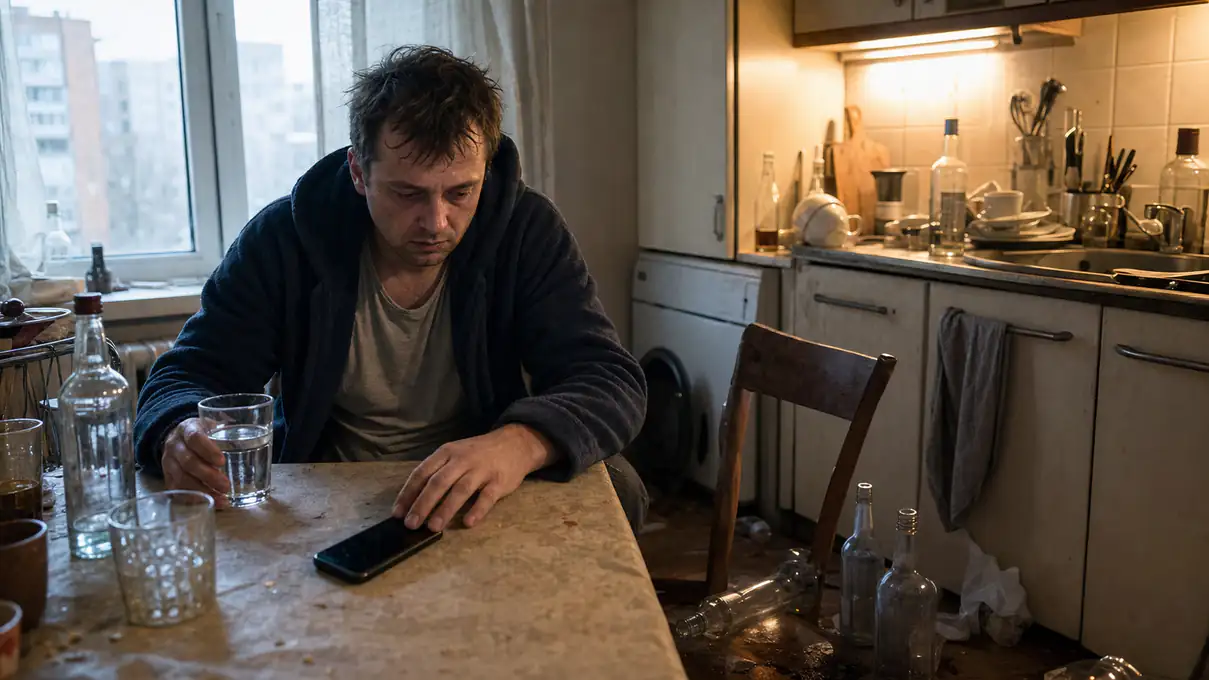 person after an alcohol binge sitting at a kitchen table with water and a phone nearby
