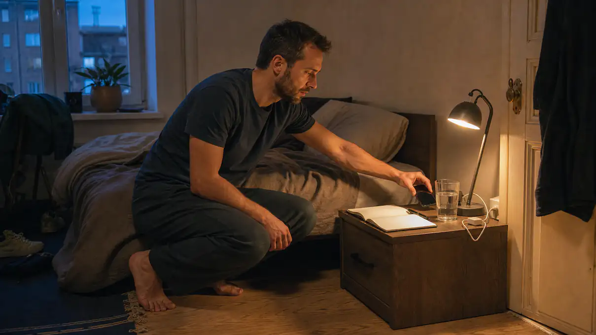 person placing a phone and glass of water beside the bed before a calm night