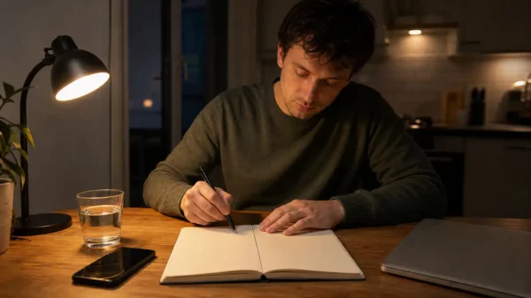 person looking at two notebook lists for habit and addiction beside a phone