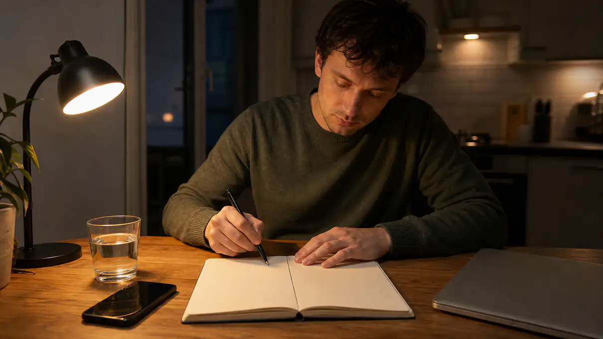 person looking at two notebook lists for habit and addiction beside a phone