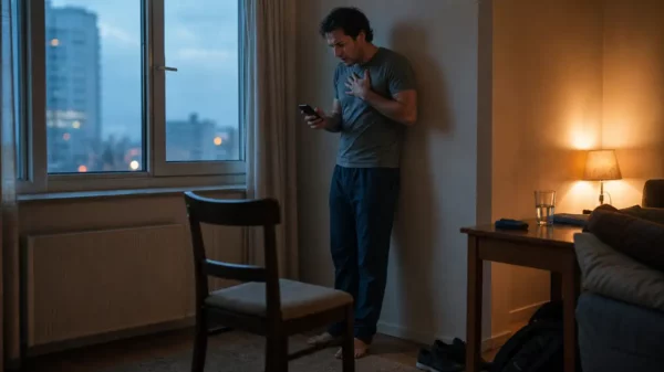 person standing by a window with a phone while experiencing a strong craving wave
