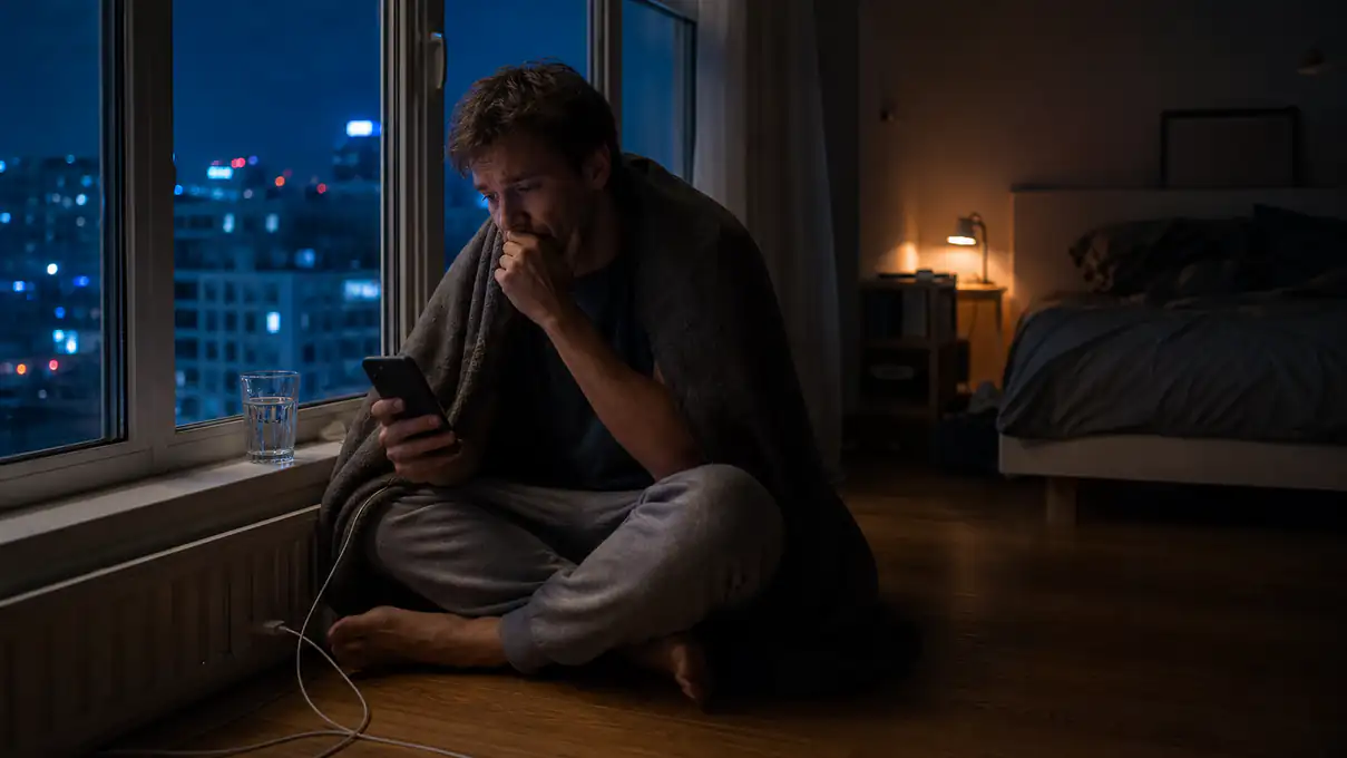 osoba siedzi nocą przy oknie z telefonem i szklanką wody w ciemnym pokoju